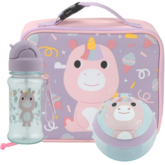 A pastel pink and lavender lunch bag set with a matching water bottle and small round container, all featuring a cute unicorn illustration on a clean white background.