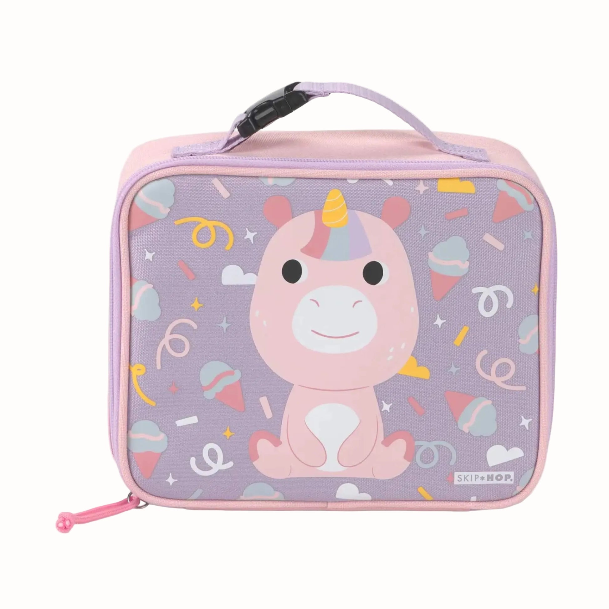 A pink and lavender zippered lunch bag featuring a cute cartoon unicorn on the front, with a top carry handle and a small visible Skip Hop logo near the bottom right corner.