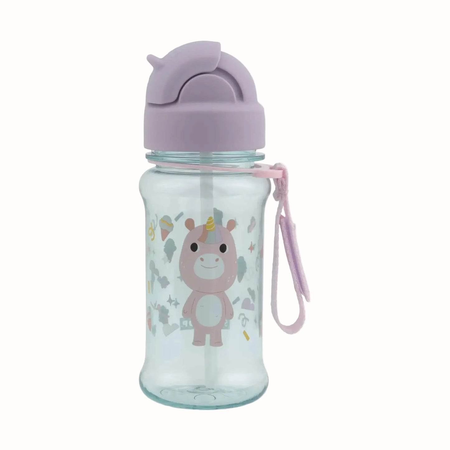 A clear plastic water bottle with a light purple lid and a pink strap, featuring a cartoon unicorn printed on the front.