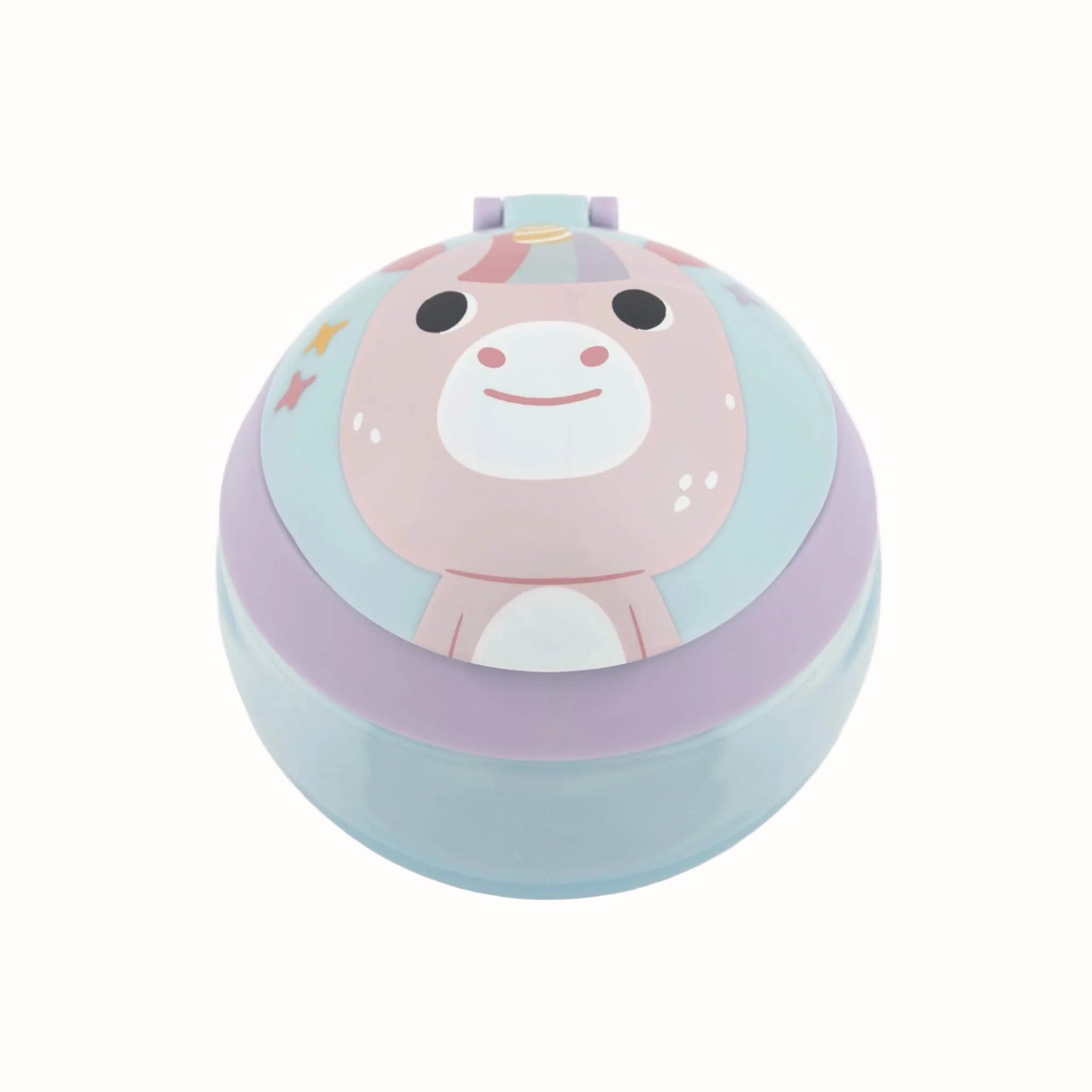 A round, translucent light blue plastic food container with a pastel purple lid featuring a cute cartoon unicorn face.