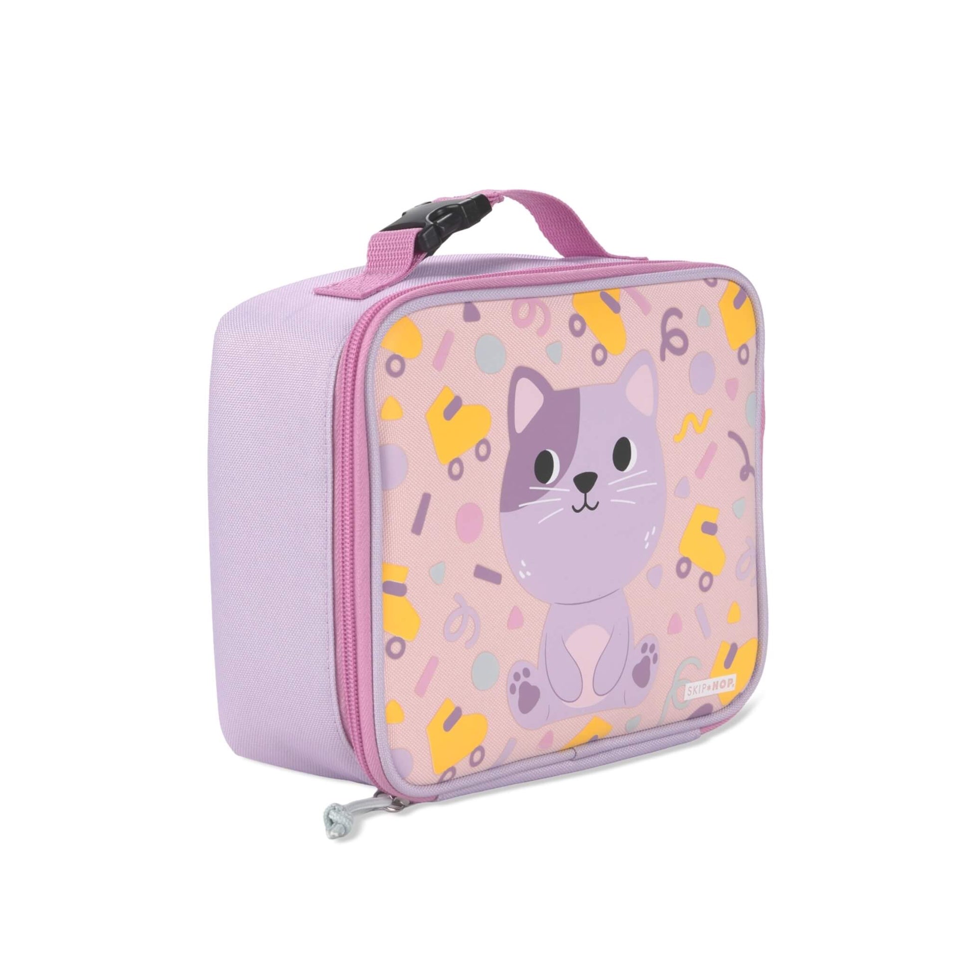 A pastel purple lunch bag with a cartoon cat design on the front, featuring a pink handle and zipper trim, photographed on a clean white background.
