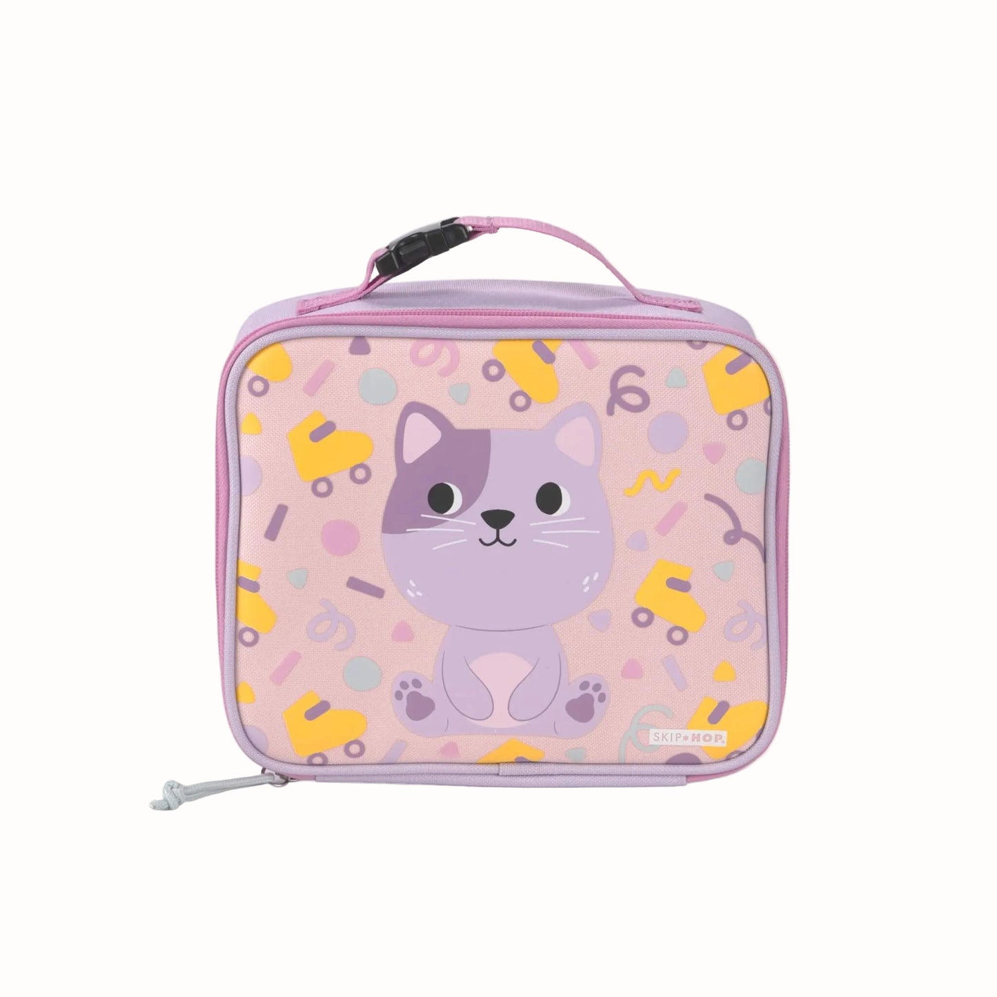 A pink and purple lunch bag featuring a cute cartoon cat design on the front, with a top handle and zipper closure, shown against a plain white background.
