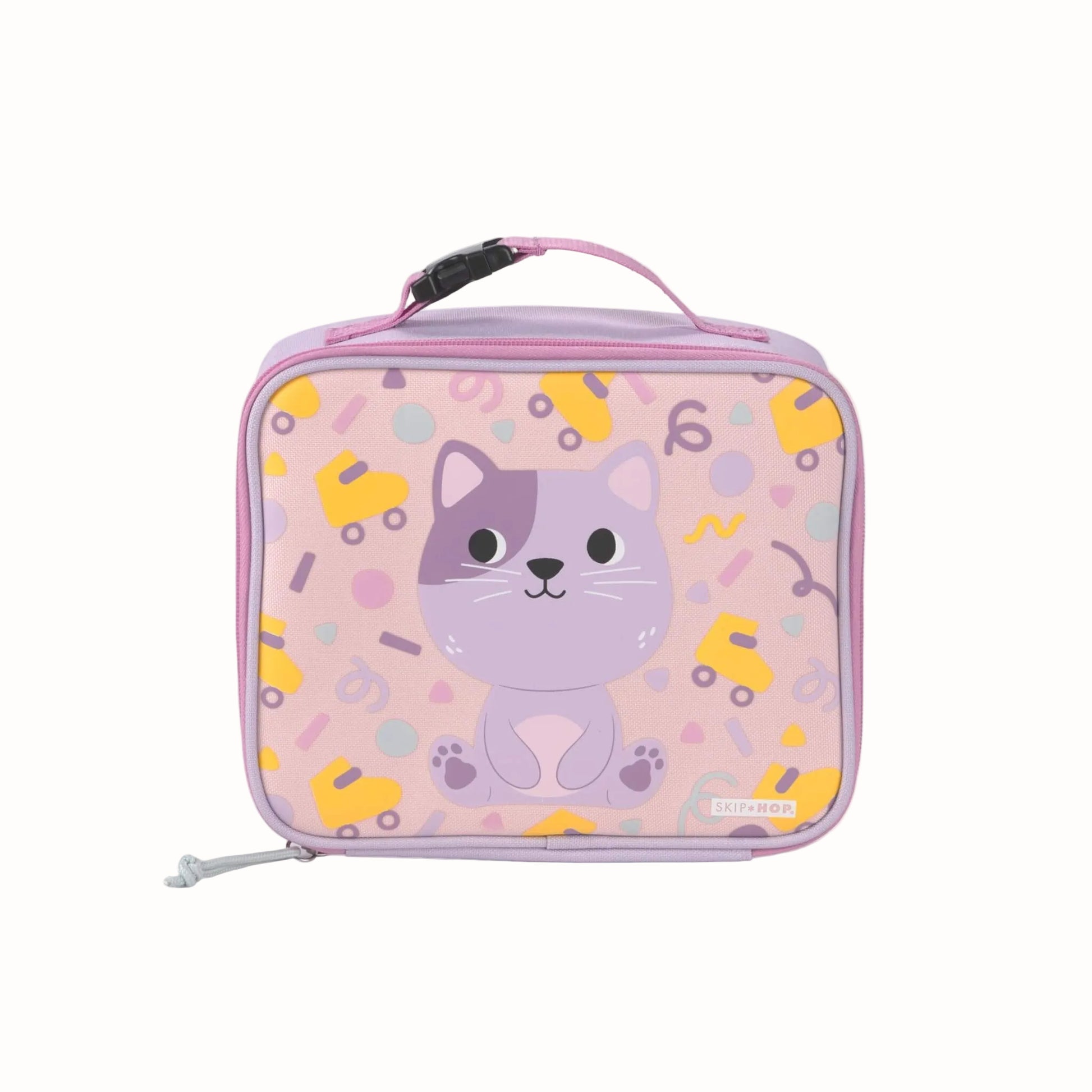 A pink and purple lunch bag featuring a cute cartoon cat design on the front, with a top handle and zipper closure, shown against a plain white background.