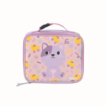 A pink and purple lunch bag featuring a cute cartoon cat design on the front, with a top handle and zipper closure, shown against a plain white background.