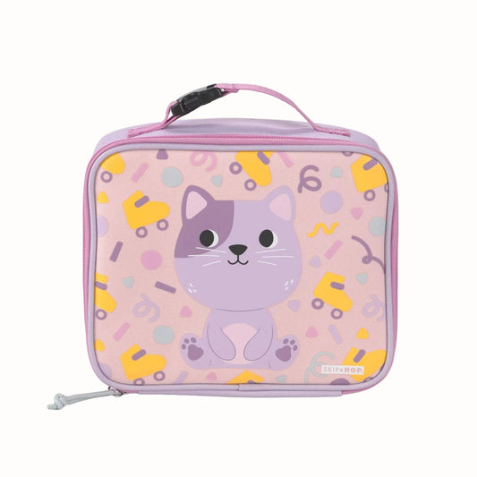 A pink and purple lunch bag featuring a cute cartoon cat design on the front, with a top handle and zipper closure, shown against a plain white background.
