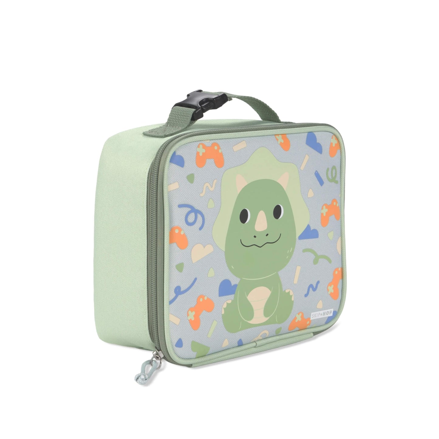 A mint green insulated lunch bag with a top handle and zipper closure, featuring a cartoon green dinosaur character on a light gray patterned front panel.