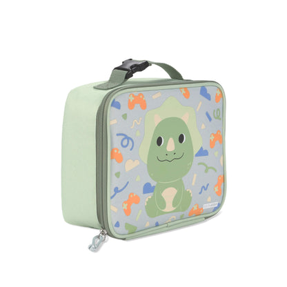 A mint green insulated lunch bag with a top handle and zipper closure, featuring a cartoon green dinosaur character on a light gray patterned front panel.