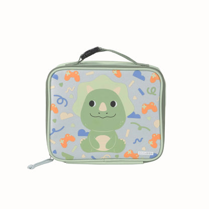 A square-shaped lunch bag with a light green handle and zipper, featuring a cute green dinosaur character on a light blue background with colorful retro game controller and squiggle patterns.