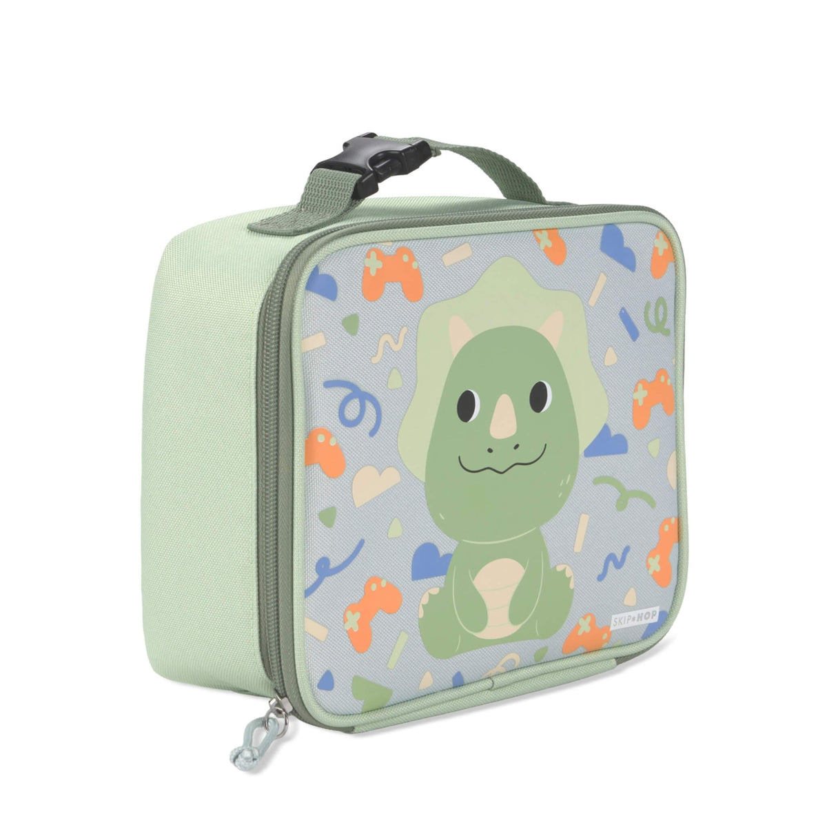 A mint green toddler lunch bag with a cartoon Triceratops dinosaur on a light blue patterned front panel, featuring a top handle and zipper closure.