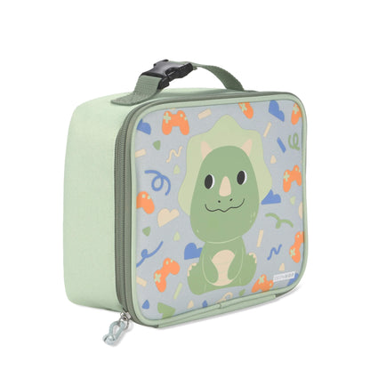 A mint green toddler lunch bag with a cartoon Triceratops dinosaur on a light blue patterned front panel, featuring a top handle and zipper closure.