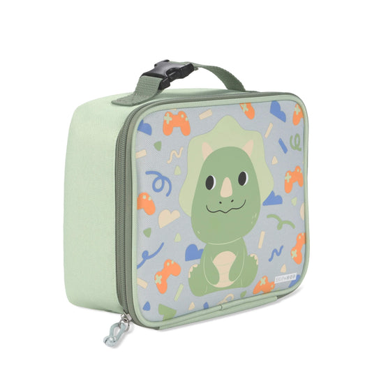 A mint green toddler lunch bag with a cartoon Triceratops dinosaur on a light blue patterned front panel, featuring a top handle and zipper closure.