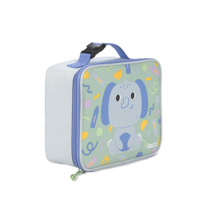 A square-shaped lunch bag with a light blue and mint green elephant design on the front pocket, featuring a light blue zipper, a light blue top handle with a black plastic buckle, and a small white brand label on the bottom right.