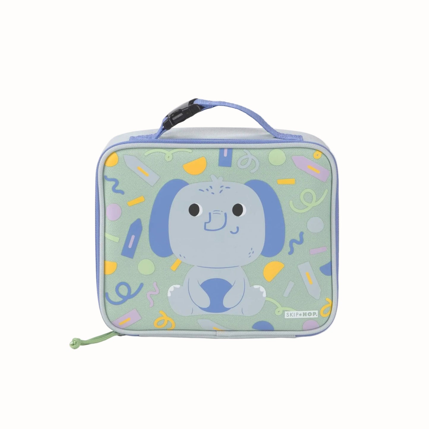 A square-shaped lunch bag with a light blue handle and zipper, featuring a cartoon elephant character on a pale green background with colourful doodles. The brand name 'SKIP HOP' is visible in the bottom right corner.