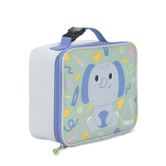 A square-shaped lunch bag with a light blue and mint green elephant design on the front pocket, featuring a light blue zipper, a light blue top handle with a black plastic buckle, and a small white brand label on the bottom right.