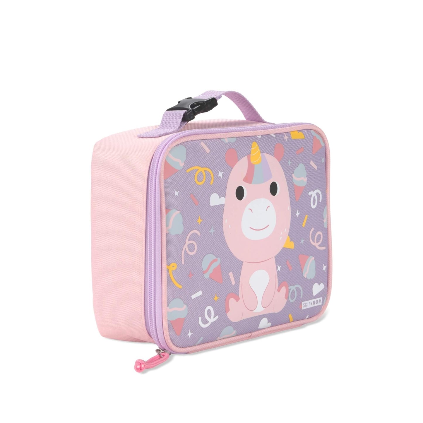 A pink lunch bag with a lavender front panel featuring a cartoon unicorn and colorful confetti patterns, complete with a top handle and zipper closure.