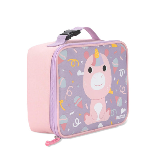 A pink kids lunch bag with a purple front panel featuring a cartoon unicorn and colourful doodles, shown on a white background.