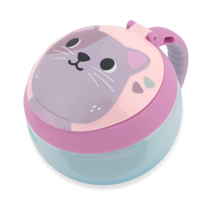 A round plastic storage container with a cat-face lid design, featuring a pastel purple and pink top with a matching handle, and a translucent light blue base, shown on a white background.