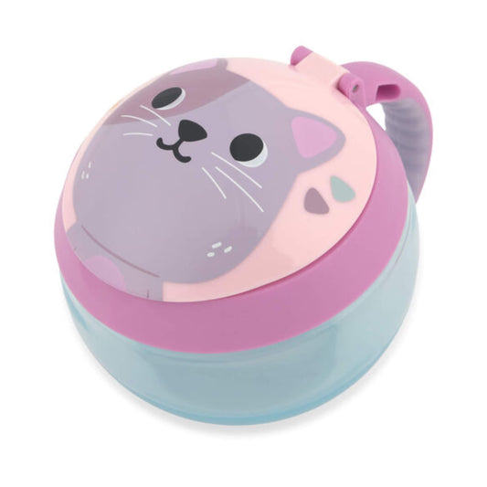 A round plastic storage container with a cat-face lid design, featuring a pastel purple and pink top with a matching handle, and a translucent light blue base, shown on a white background.
