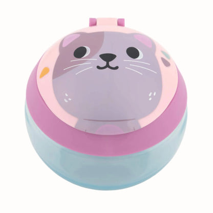 A round, cat-face-themed storage container with a translucent light blue base, a pink middle band, and a top lid featuring a cute lavender-grey cat face illustration.