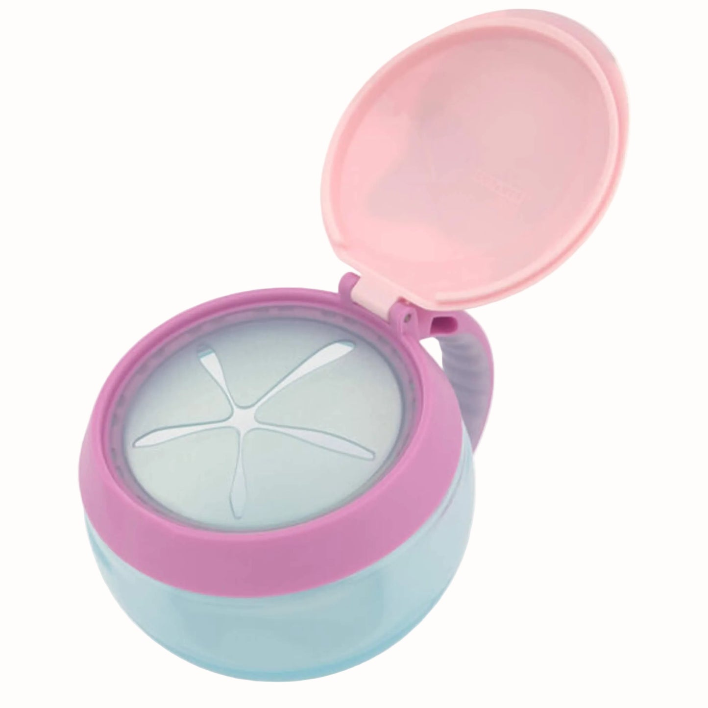 A round toddler snack container with a translucent light blue base, a pink rim, and a pink lid that is open.