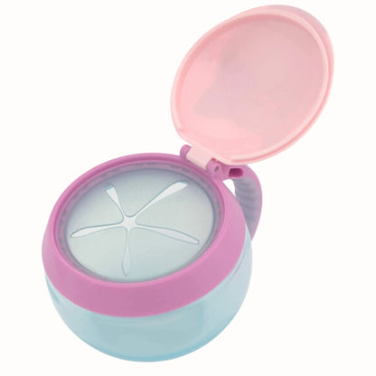 A round toddler snack container with a translucent light blue base, a pink rim, and a pink lid that is open.