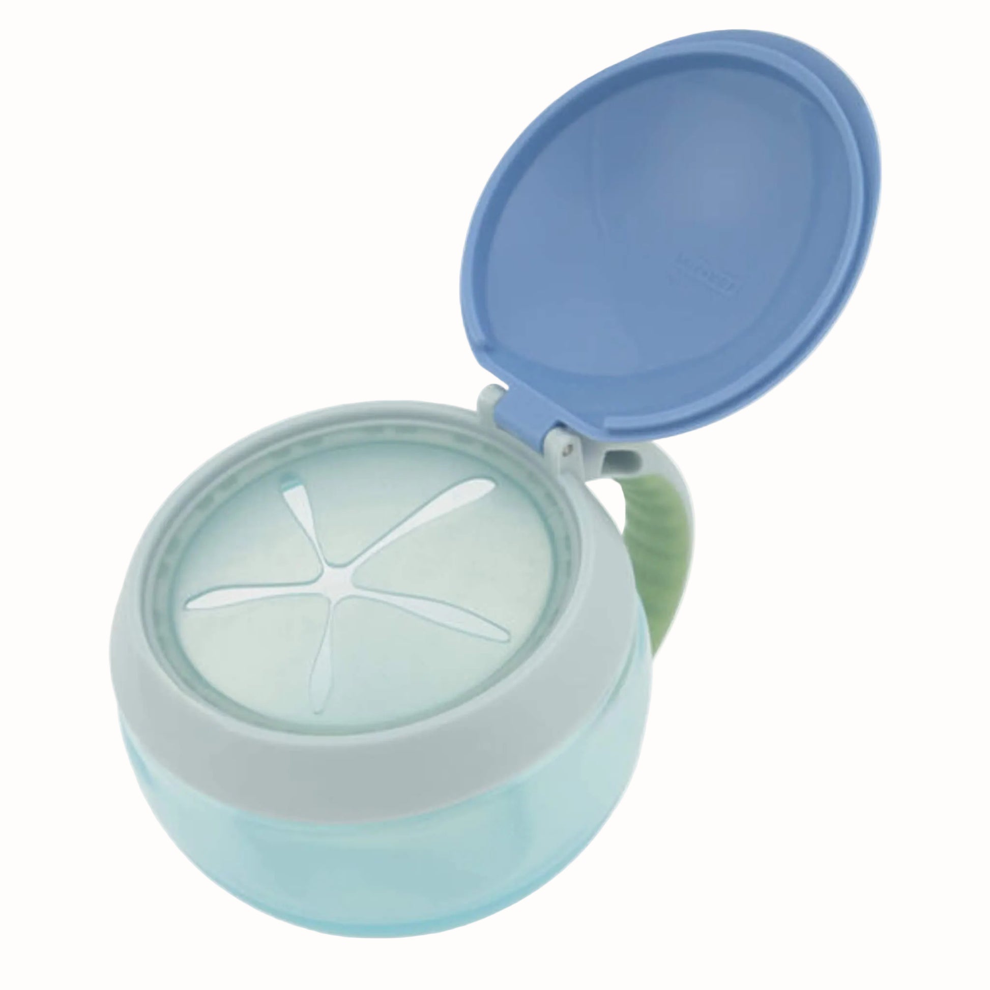 A dinosaur character snack cup shown open with flexible no-spill inner opening for easy access to snacks.