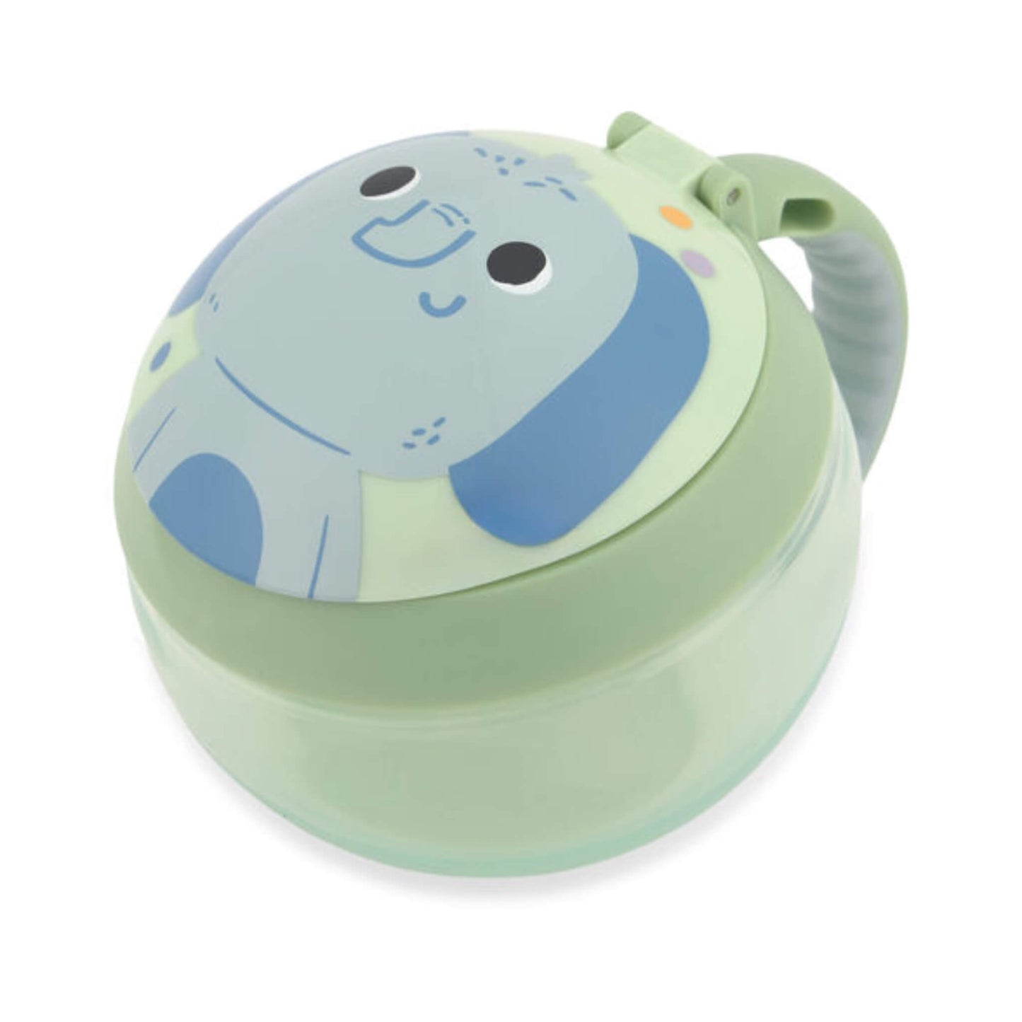 Skip Hop Besties Squad Snack Cup Elephant in pale green, with a blue elephant character lid and easy-grip side handle.