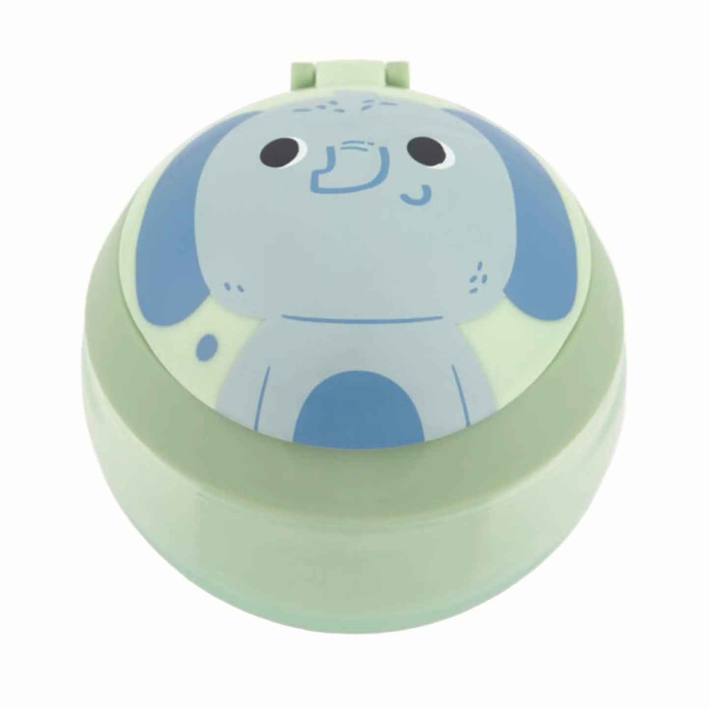 A pale green toddler snack cup viewed from the front, with a blue elephant character illustrated across the round flip-top lid.
