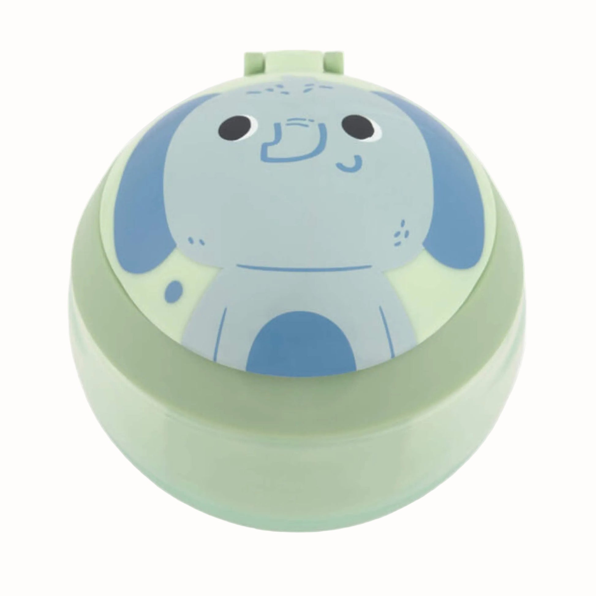 A pale green toddler snack cup viewed from the front, with a blue elephant character illustrated across the round flip-top lid.