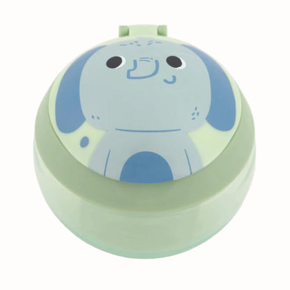 A pale green toddler snack cup viewed from the front, with a blue elephant character illustrated across the round flip-top lid.