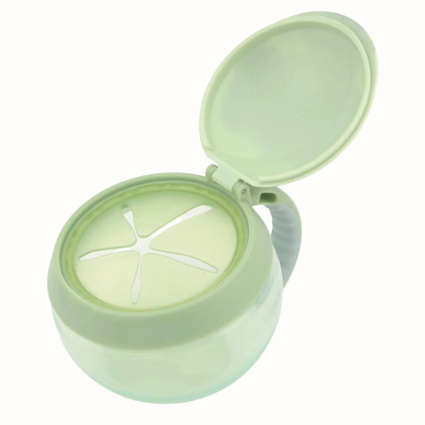 A pale green elephant snack cup shown with the outer lid open, revealing the flexible slotted inner opening designed for little hands to reach through.