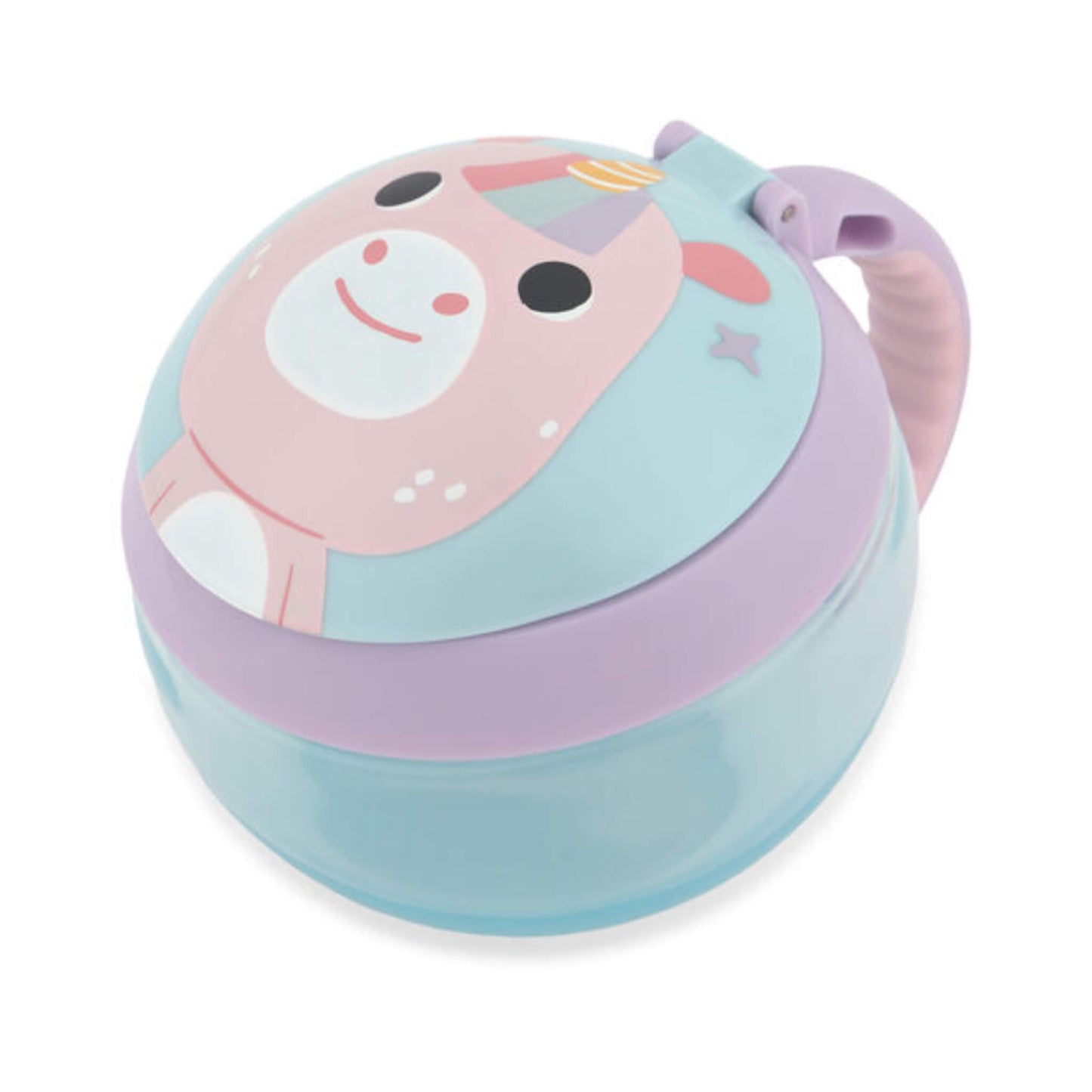 A round plastic food container with a lid featuring a cute cartoon unicorn design in pastel pink, light blue, and lavender purple, shown on a clean white background.