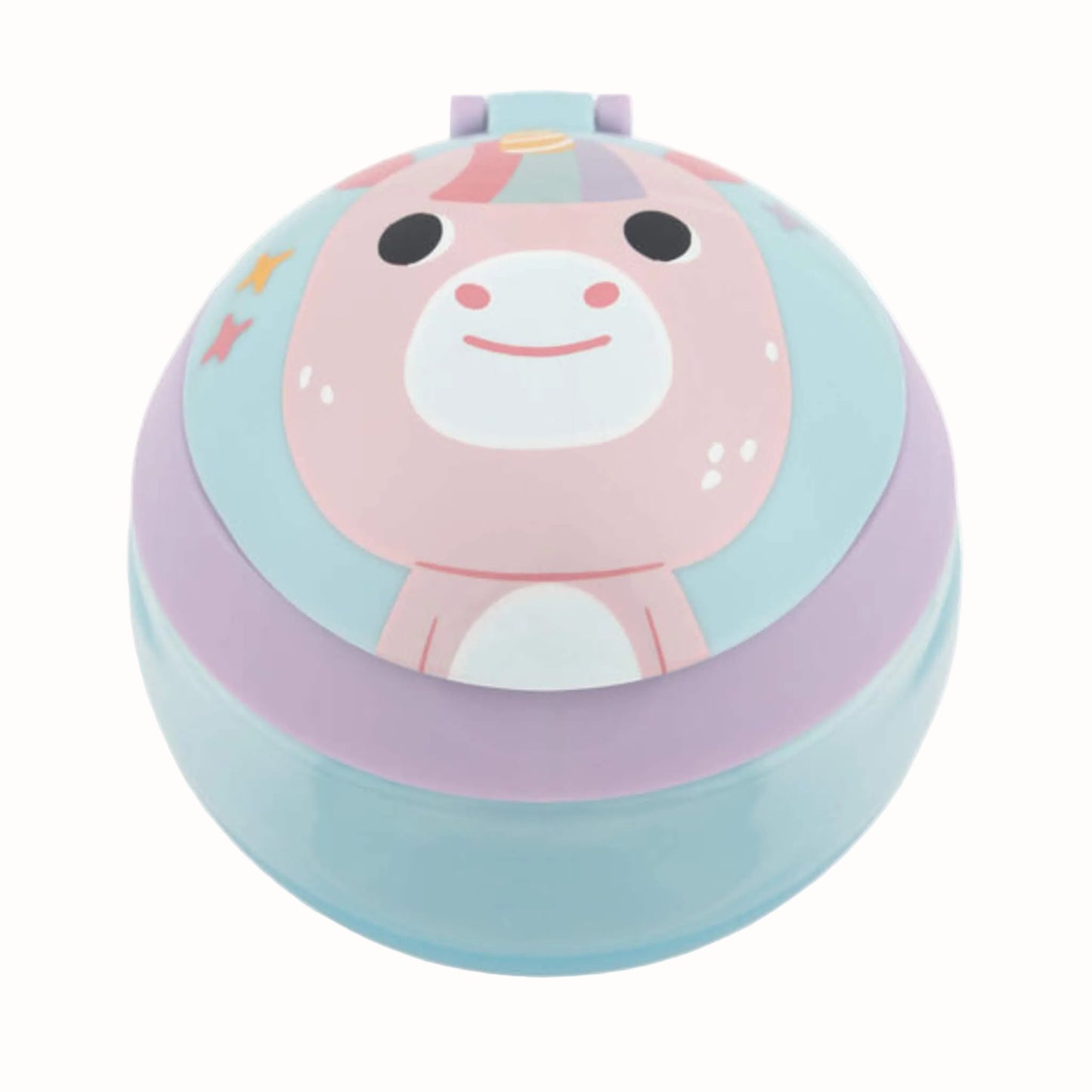 A round, light blue kids snack cup with a lid featuring a cute cartoon character in a pink unicorn costume, set against a plain white background.
