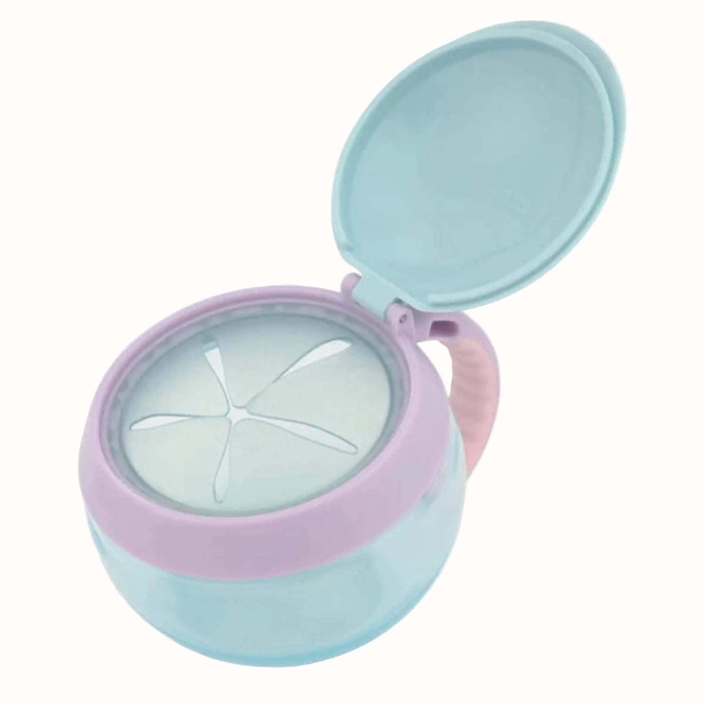 An aqua blue and lilac unicorn snack cup shown with the outer lid open, revealing the flexible slotted inner opening designed for little hands to reach through.
