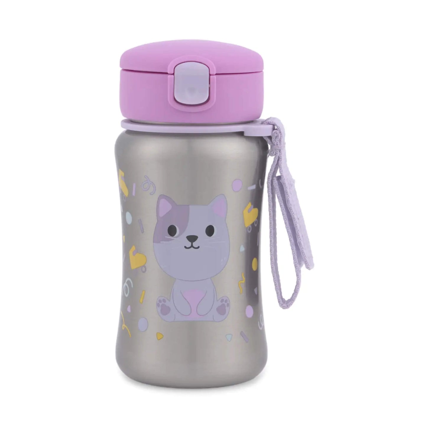 A stainless steel water bottle with a lavender purple lid and matching wrist strap, decorated with a cute cartoon cat illustration and small pastel heart and dot accents.