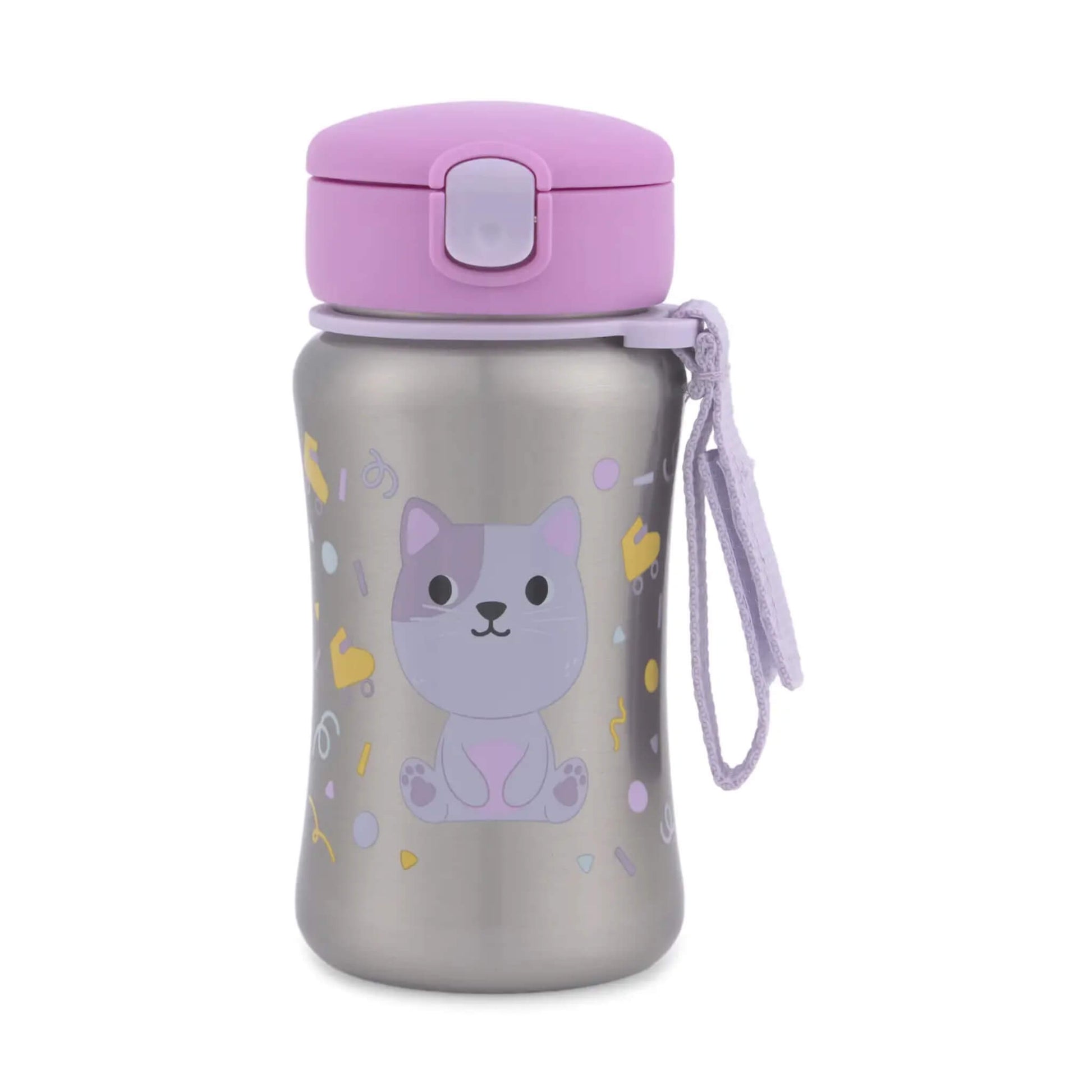 A stainless steel water bottle with a lavender purple lid and matching wrist strap, decorated with a cute cartoon cat illustration and small pastel heart and dot accents.