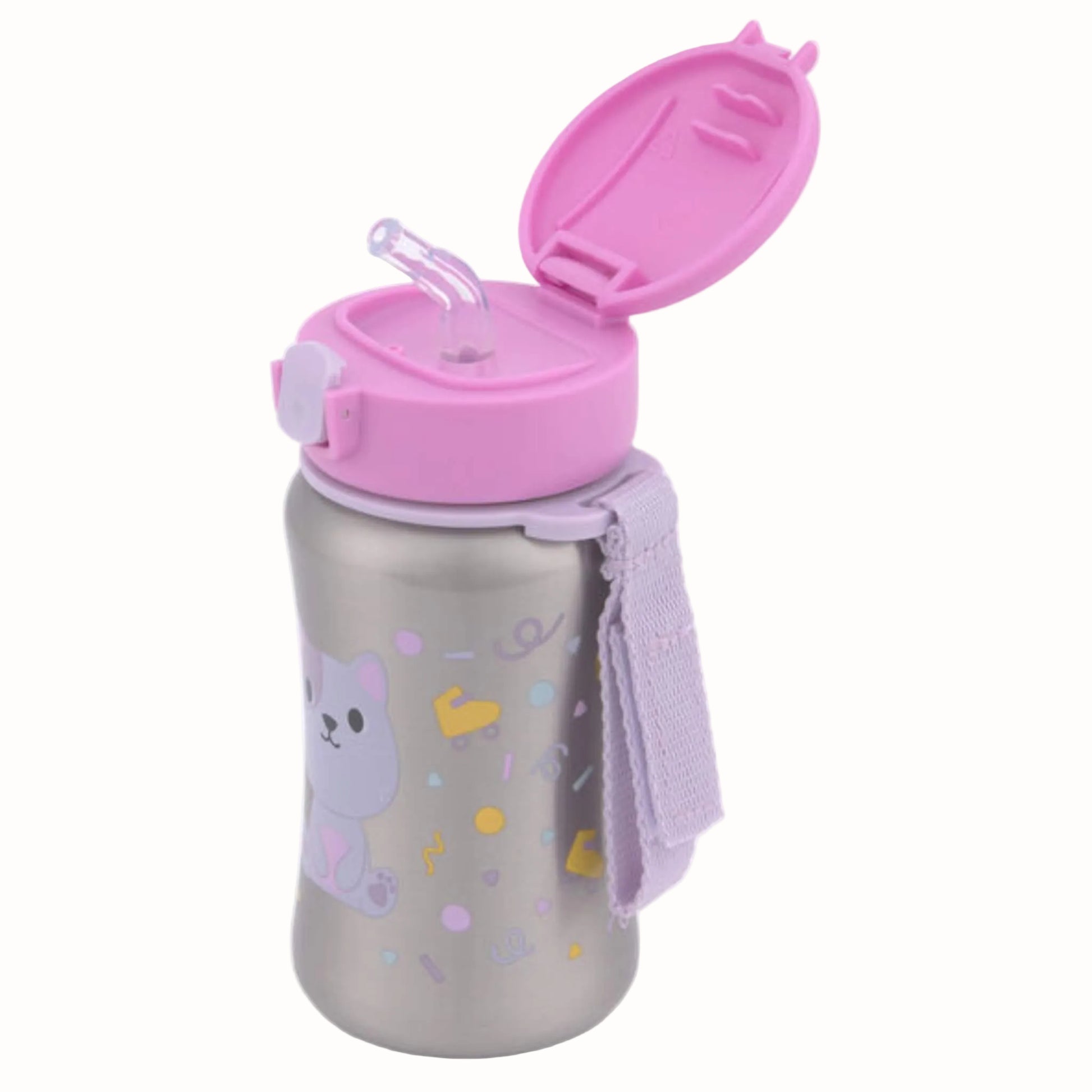 A stainless steel water bottle with a pink lid and straw, featuring a lavender cat illustration and small colourful icons on the front, with a matching lavender carrying strap attached.