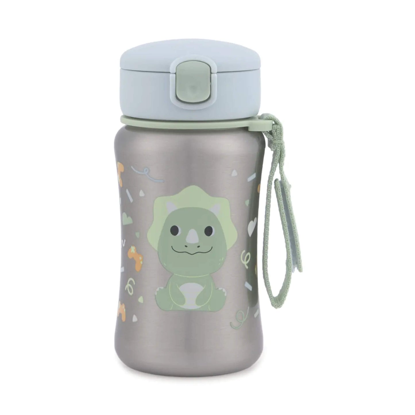 Skip Hop Besties Squad stainless steel kids’ water bottle in silver, with a green dinosaur character, pale blue pop-up lid and green carry strap.