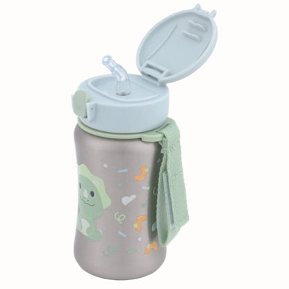 A stainless steel kids water bottle with a light blue lid and straw, decorated with a green cartoon character and colourful confetti. A mint green fabric carrying strap is attached to the side.