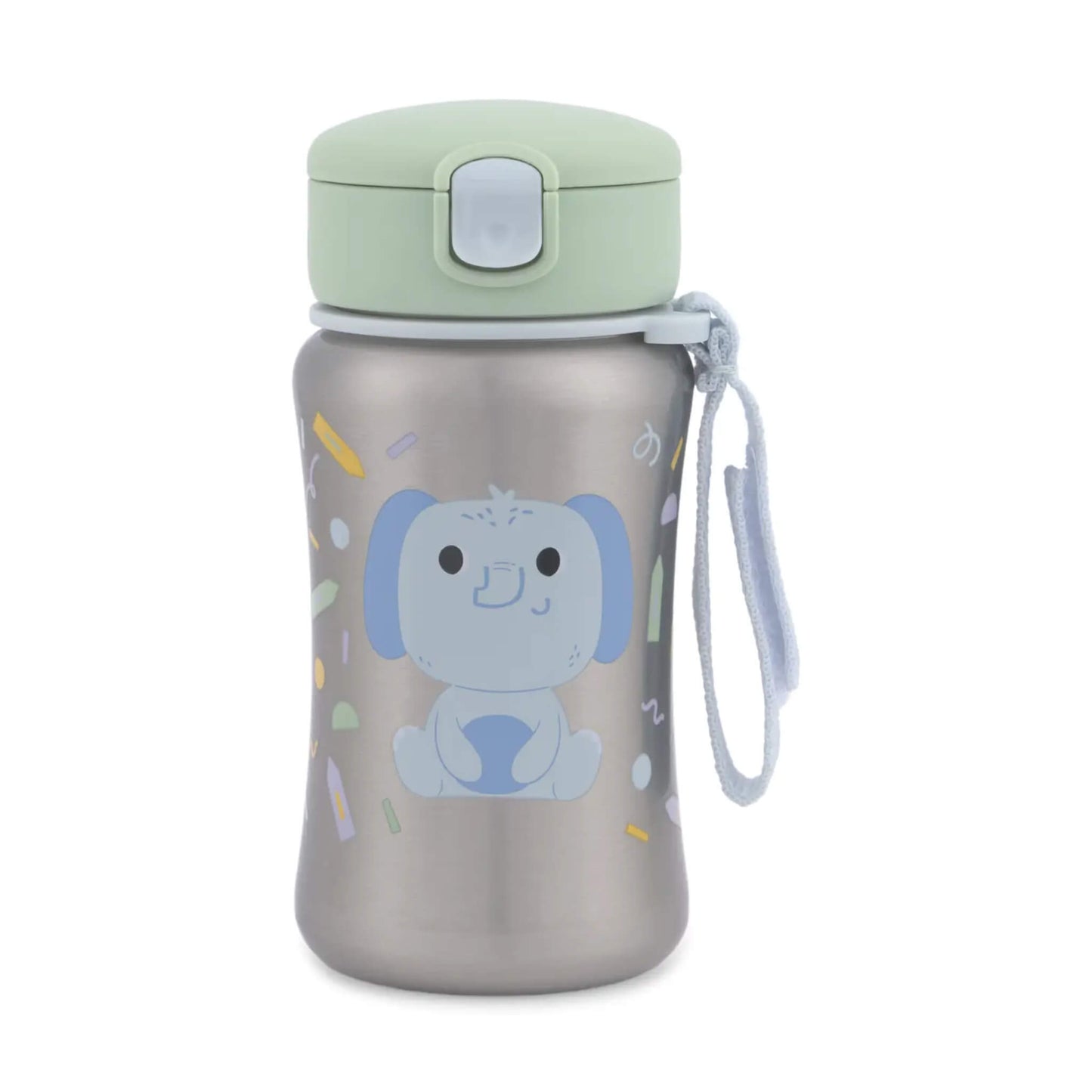 A stainless steel kids water bottle with a light green lid, a blue elephant illustration on the front, and a light blue carrying strap, shown on a white background.