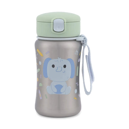 A stainless steel kids water bottle with a light green lid, a blue elephant illustration on the front, and a light blue carrying strap, shown on a white background.
