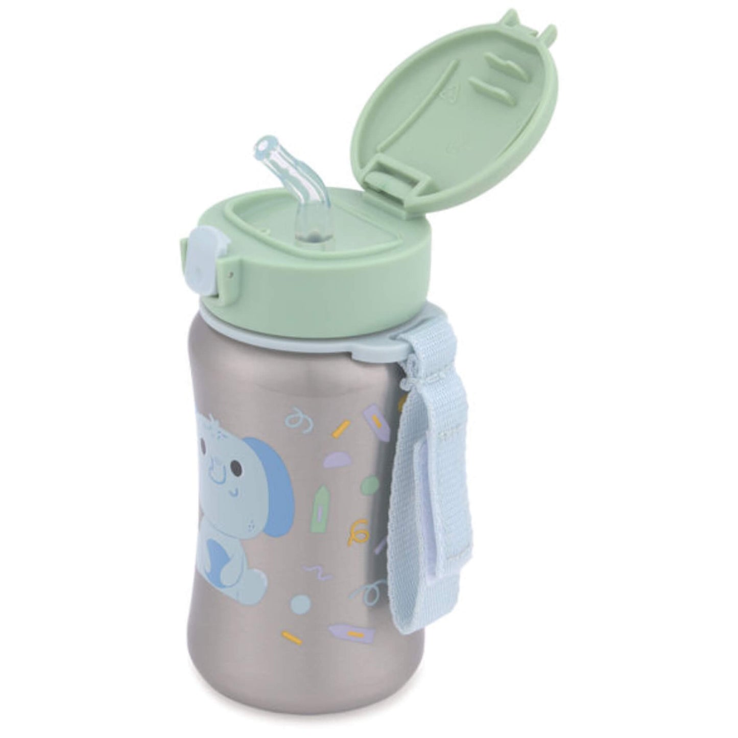 A silver stainless steel children’s water bottle with a pale blue elephant character, green pop-up lid, flexible clear straw and light blue carry strap.