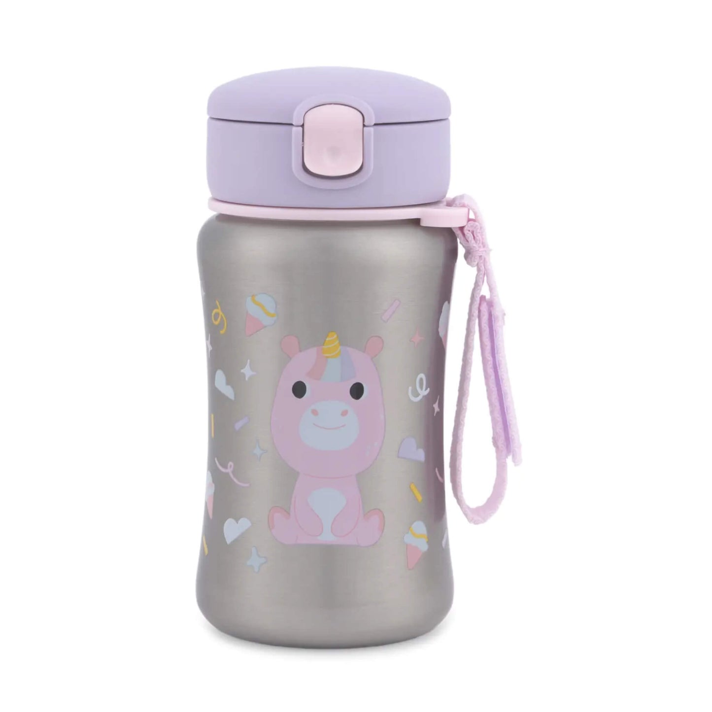 Skip Hop Besties Squad stainless steel kids’ water bottle in silver, with a pink unicorn character, lilac pop-up lid and pink carry strap.