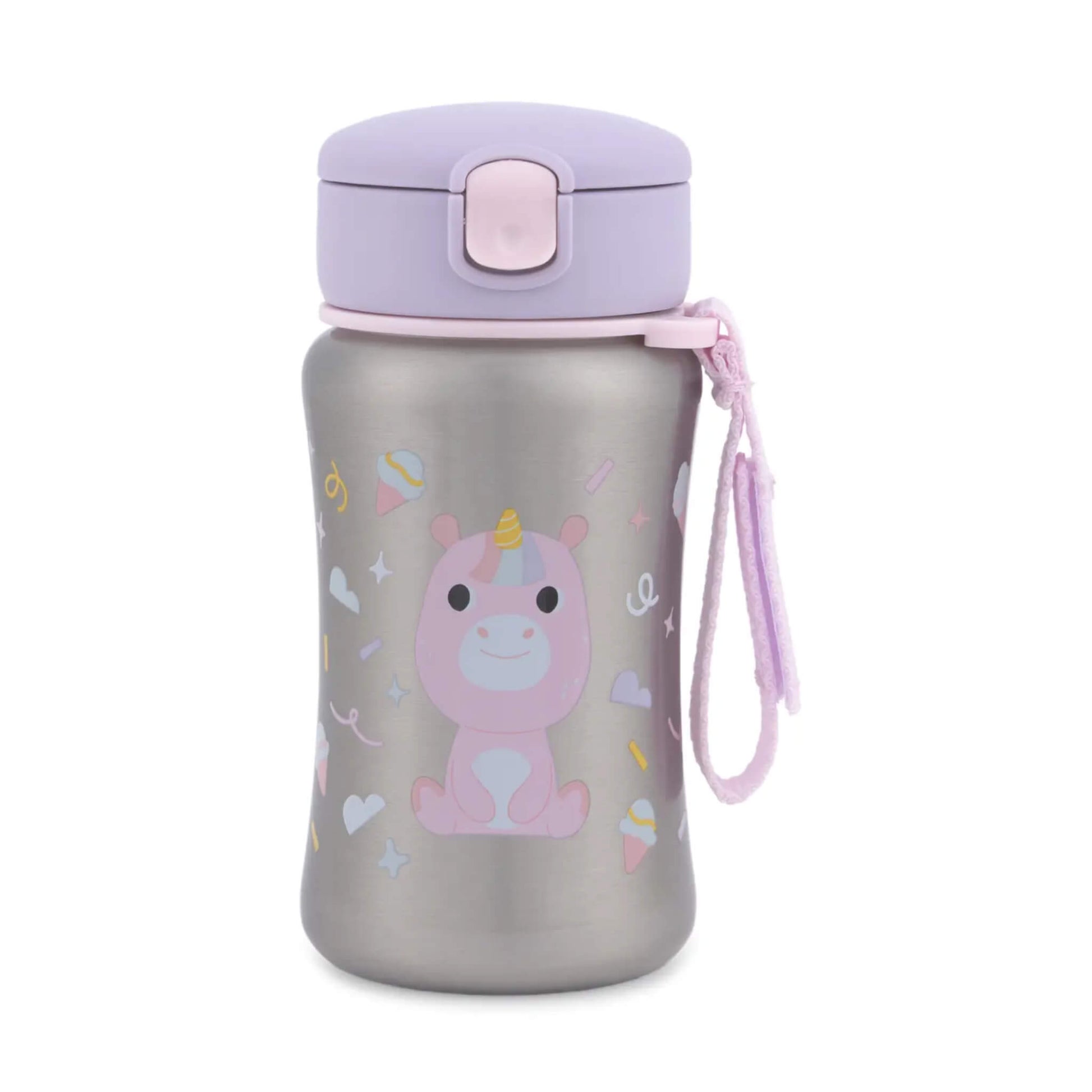 Skip Hop Besties Squad stainless steel kids’ water bottle in silver, with a pink unicorn character, lilac pop-up lid and pink carry strap.