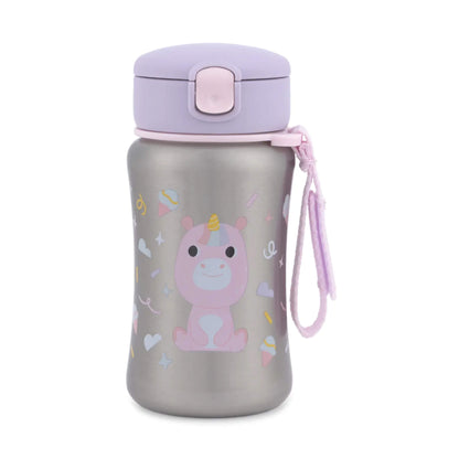 Skip Hop Besties Squad stainless steel kids’ water bottle in silver, with a pink unicorn character, lilac pop-up lid and pink carry strap.