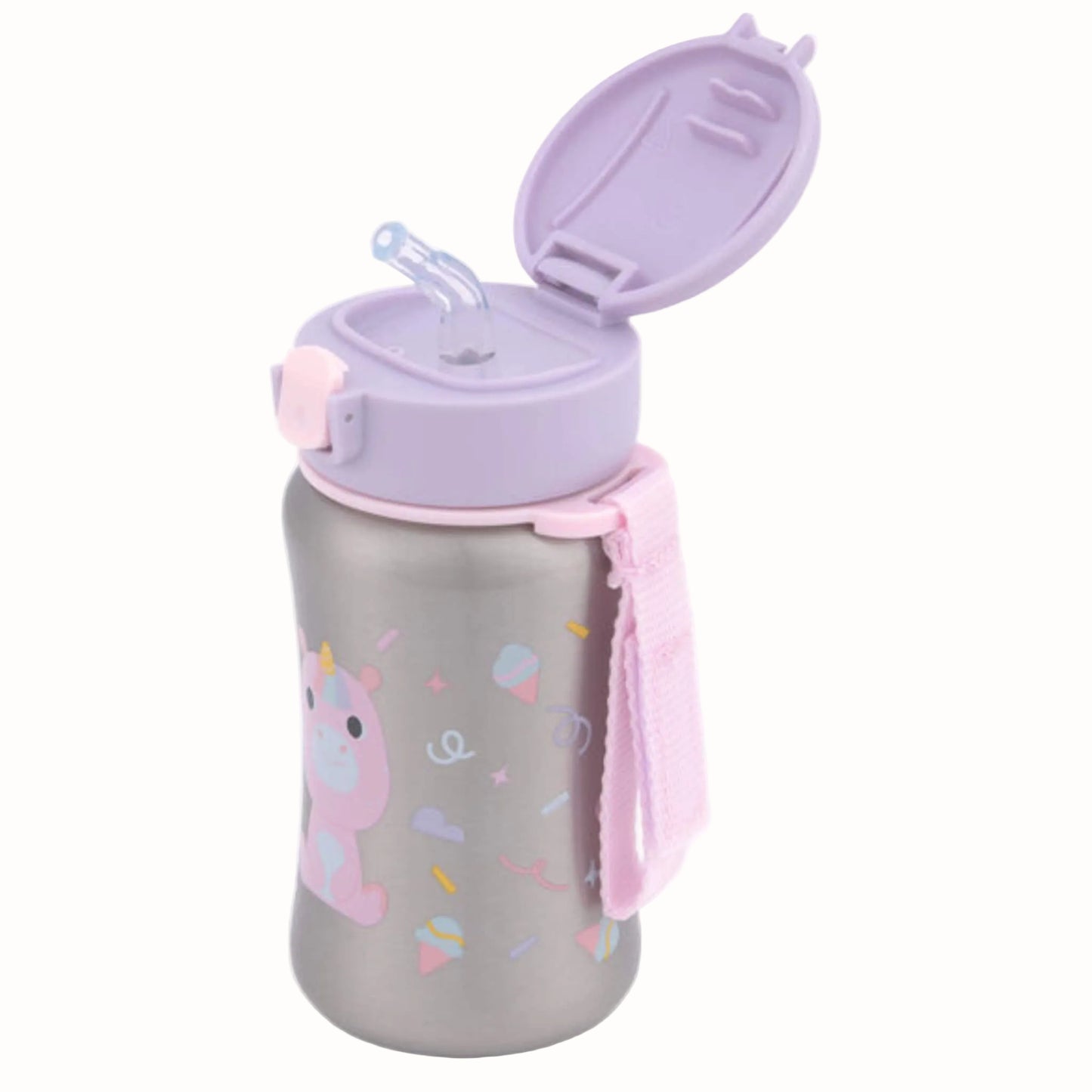 A stainless steel unicorn fun character children’s water bottle shown with the lilac lid flipped open, revealing the flexible clear drinking straw and pink carry strap at the side.