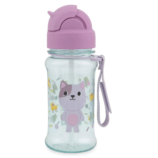 A clear plastic water bottle with a lavender purple lid and matching wrist strap, featuring a cute cartoon cat illustration on the front.
