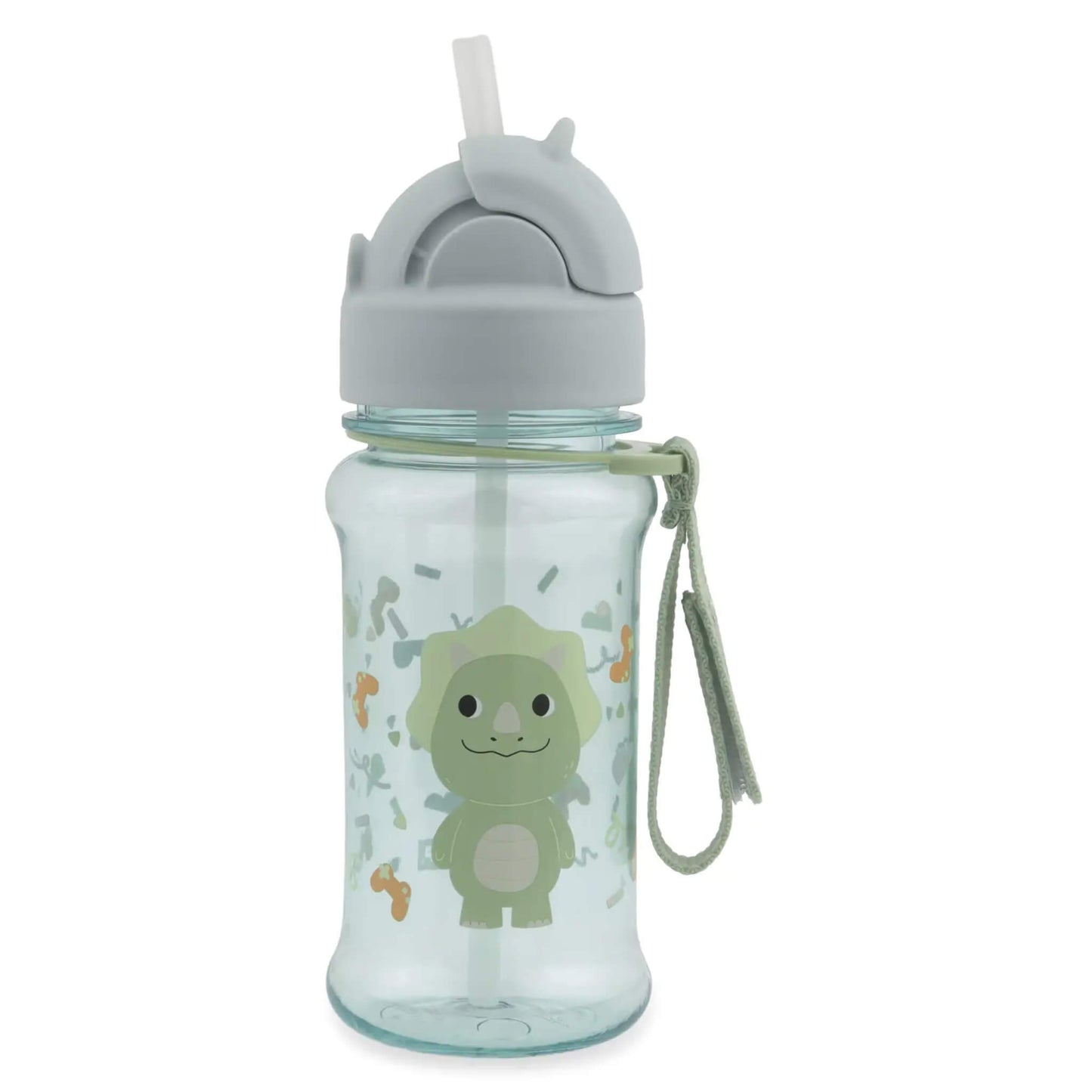 A clear plastic water bottle with a light gray lid and straw, featuring a green cartoon dinosaur character printed on the front, along with a matching green wrist strap.