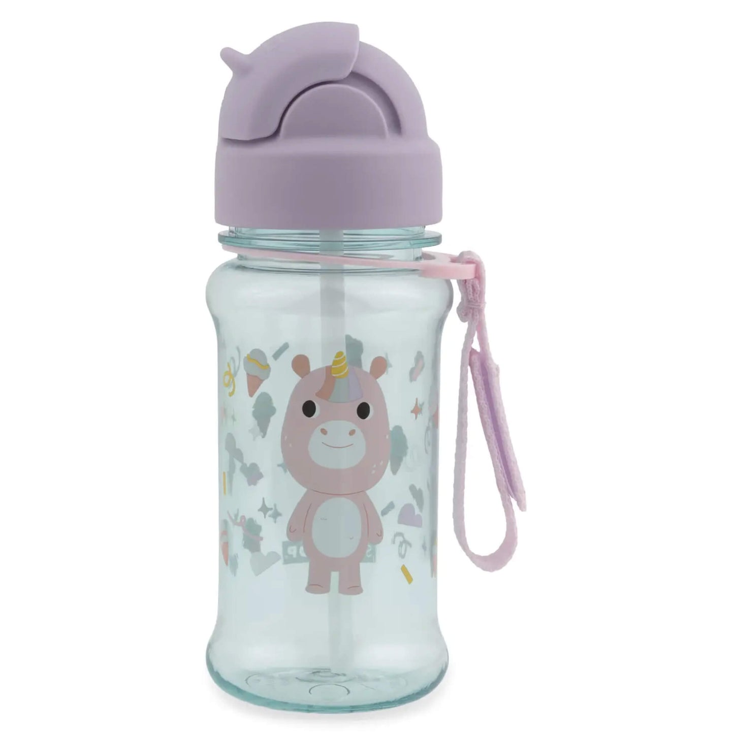 A clear plastic water bottle with a light purple lid and a pink carrying strap, featuring a cartoon unicorn printed on the front.