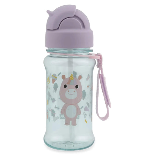 A clear plastic water bottle with a light purple lid and a pink carrying strap, featuring a cartoon unicorn printed on the front.